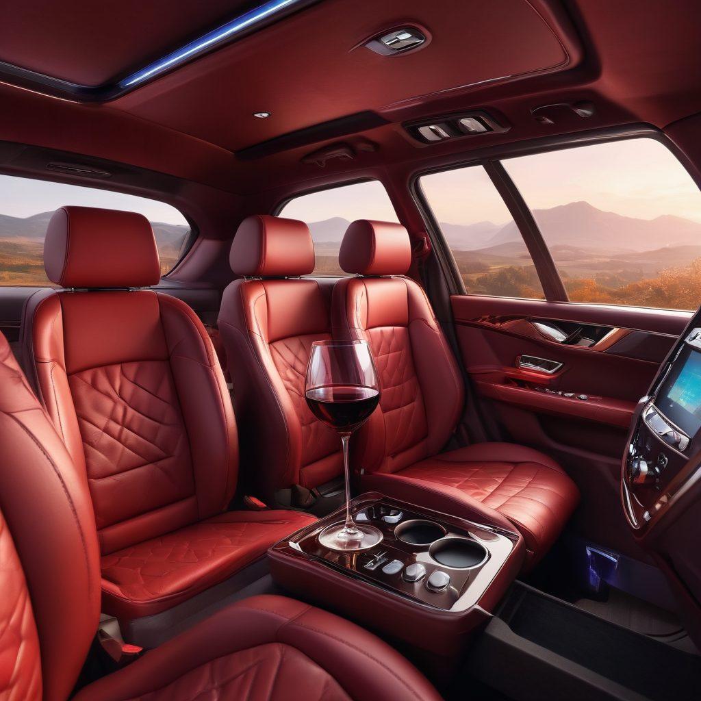 A luxurious car interior with soft leather seats, elegant wine glasses filled with rich red wine, and a high-quality audio system displaying vibrant soundwaves. Through the window, a picturesque landscape rolls by, symbolizing an elevated drive experience. Warm lighting sets a cozy atmosphere. super-realistic. vibrant colors. 3D.