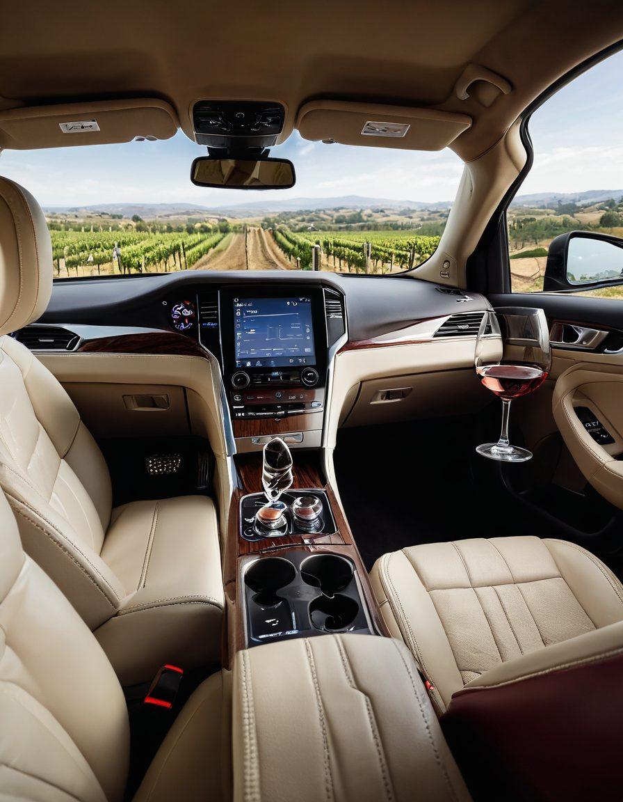 A luxurious car interior showcasing a state-of-the-art audio system with elegant wine glasses and bottles placed comfortably in the back seat. Soft, ambient lighting enhances the opulence, while a scenic vineyard landscape is visible through the car windows, suggesting a journey through wine country. The atmosphere is sophisticated yet inviting, emphasizing the fusion of music and wine culture. vivid colors. super-realistic. elegant composition.