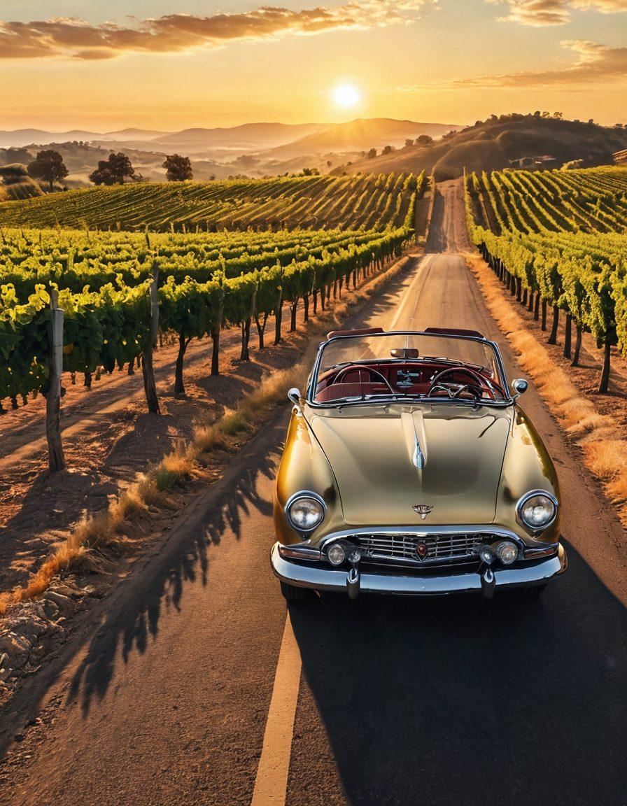 A scenic open road stretching through picturesque vineyards, with a vintage car parked beside it. Inside the car, a luxurious sound system with vibrant speakers is playing music, while bottles of fine wine rest on the dashboard. The sun is setting, casting a golden hue over the landscape, creating an inviting and adventurous atmosphere. super-realistic. vibrant colors.